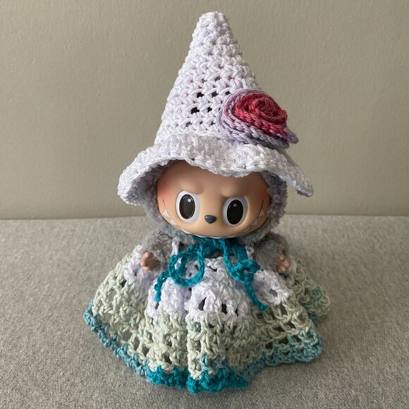 Handmade Crochet White Green Blue Fairy Witch Outfit for Labubu 2-Piece Set - Picture 1 of 7